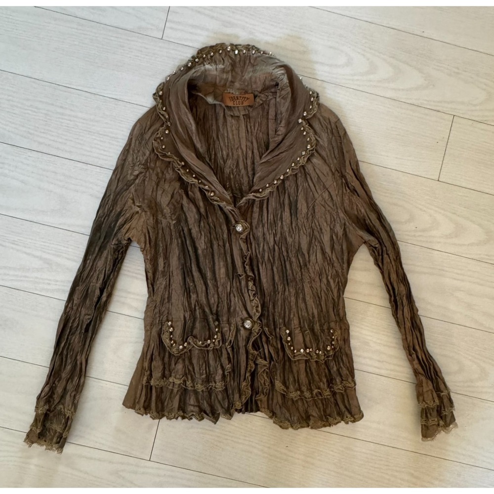 Identity Club Boho Textured Crinkle Jacket Brown M Embellished Lace Ruffle Shabb